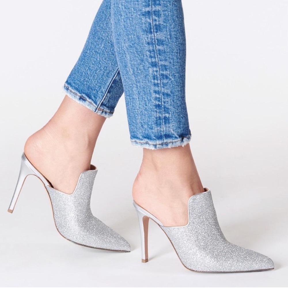Veronica Beard Penn Mule  Pointed Toe Silver Heels 7.5 Stiletto Made In Italy‎